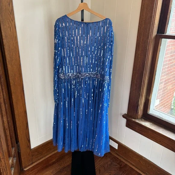 Mac Duggal Light Blue Sequin Tea-Length V-Neck Long Sleeve Formal Dress 22 *NOTE - Picture 13 of 16